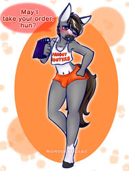  3:4 anthro belly big_ears blush bottomwear brown_eyes brown_hair bulge clothing crop_top dallas_prairiewind dialogue english_text equid equine femboy femboy_hooters fur grey_body grey_fur hair hand_on_hip hi_res hooters_uniform hooves horse hotpants leg_markings looking_at_viewer male mammal markings momodesugart notebook shirt shorts simple_background socks_(marking) solo tank_top text text_on_clothing text_on_shirt text_on_tank_top text_on_topwear topwear white_belly white_markings 