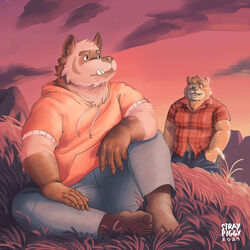  1:1 2021 anthro bear bottomwear brown_bear brown_body brown_fur clothing cloud dave_(password) dean_(password) detailed_background duo fur hi_res hoodie humanoid_hands hyena male mammal outside overweight overweight_male pants password_(visual_novel) shirt sitting stray_piggy striped_hyena topwear ursine 