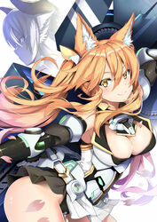  2girls absurdres animal_ears armor black_leotard blonde_hair breasts cherry_blossoms closed_mouth commentary_request cowboy_shot crotch_zipper detached_sleeves floating_hair fox_ears glowing glowing_eye gradient_hair hair_between_eyes hair_ornament highres horns leotard light_trail long_hair looking_at_viewer looking_to_the_side mecha_musume medium_breasts multicolored_hair multiple_girls oerba_yun_fang original outstretched_arm pink_hair profile skin_fang smile standing white_armor yellow_eyes zelitto zipper zipper_pull_tab 