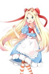  :d abigail_williams_(fate) absurdres apron blonde_hair blue_dress blue_eyes bow braid collared_dress commentary dress fate/grand_order fate_(series) feet_out_of_frame female forehead frilled_apron frilled_dress frills hair_ribbon hairbow hands_up highres long_hair looking_at_viewer open_mouth pantyhose parted_bangs puffy_short_sleeves puffy_sleeves red_bow red_ribbon ribbon short_sleeves simple_background smile solo striped_clothes striped_pantyhose very_long_hair waist_apron white_apron white_background yukaa 