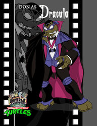  black_tie_(suit) cape claws clothing donatello_(tmnt) dracula fangs green_body green_skin male mask no_pupils reptile scalie shinmusashi44 suit teenage_mutant_ninja_turtles teeth turtle universal_studios vampire 