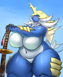  2021 anthro anthrofied ass belly big_belly big_breasts big_butt blue_body breasts curvy_figure dated deep_navel digital_media_(artwork) featureless_breasts featureless_crotch female generation_5_pokemon hi_res huge_breasts huge_thighs katana mammal melee_weapon mustelid navel nintendo nude ocaritna otter overweight overweight_anthro overweight_female pokemon pokemon_(species) pokemorph portrait samurott scar shaded signature solo standing sword thick_thighs three-quarter_portrait voluptuous weapon white_body wide_hips 