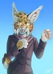  2020 5_fingers amber_eyes anthro citrinelle digital_media_(artwork) felid feline fingers fur hair hi_res lynx male mammal open_mouth smile solo teeth tongue twilight_(shadowcatcher) yellow_body yellow_fur 