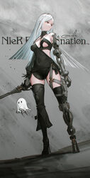  bare_shoulders black_footwear black_gloves black_shorts black_thighhighs boots breasts commentary_request covered_navel dutch_angle female frenlyse full_body ghost_costume gloves grey_hair highres holding holding_weapon long_hair looking_to_the_side mama_(nier) medium_breasts nier:automata nier_(series) nier_reincarnation prosthesis reoen sheet_ghost shorts signature solo standing thigh_boots thighhighs weapon 