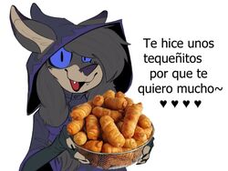  2021 anthro blue_sclera bread canid canine canis clothed clothing dialogue female fingerless_gloves food gloves hair handwear hat headgear headwear heart_symbol humor lenyavok looking_at_viewer mammal offering_to_viewer open_mouth open_smile oriana_thaffer reaction_image simple_background smile solo spanish_text talking_to_viewer text translated white_background witch_hat wolf 