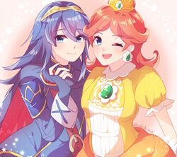  2girls armor blue_eyes blush brown_hair cape commentary dress fingerless_gloves fire_emblem fire_emblem_awakening flower gloves indisk_irio jewelry long_hair looking_at_viewer lucina_(fire_emblem) mario_(series) multiple_girls one_eye_closed princess_daisy smile super_smash_bros. symbol-only_commentary tiara 