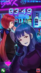  2girls alternate_costume android bar_(place) bartender blue_hair bottle brown_hair cellphone cocktail_glass crossover cup drinking_glass english_text girls&#039;_frontline green_eyes highres jizhi_shaojiu kira_miki long_hair multiple_girls phone ponytail red_eyes selfie smartphone springfield_(girls&#039;_frontline) va-11_hall-a wine_bottle 