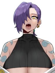  bad_id bad_pixiv_id black_sweater blue_hair breasts cleavage crop_top cropped_sweater female hair_over_one_eye large_breasts long_hair looking_at_viewer open_mouth original ponytail ribbed_sweater saru_(monkey_magic3) scar scar_across_eye sharp_teeth sleeveless sleeveless_sweater solo sweater tattoo teeth underboob yellow_eyes 