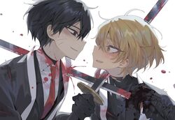  2boys bad_id bad_twitter_id black_eyes black_gloves black_hair black_jacket black_kimono black_sweater blonde_hair blood blood_on_clothes blush collared_shirt gloves highres inactive_account jacket japanese_clothes kimono limbus_company long_sleeves looking_at_another male_focus maratang messy_hair multiple_boys open_clothes open_kimono parted_lips project_moon scar scar_on_face shirt simple_background sinclair_(project_moon) smile stab sweat sweater upper_body white_background white_shirt yellow_eyes yi_sang_(project_moon) 