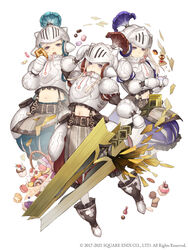  3girls absurdres armor basket belt belt_pouch blonde_hair blue_little_pig_(sinoalice) breastplate cake candy company_name copyright_notice cup cupcake doughnut faulds food full_body gauntlets green_little_pig_(sinoalice) helmet highres holding holding_sword holding_weapon ji_no looking_at_viewer macaron midriff mittens multiple_girls official_art plate_armor plume plump pouch purple_eyes red_little_pig_(sinoalice) shoulder_armor siblings sinoalice sisters smile sword teacup teeth upper_teeth_only visor_lift weapon white_background 