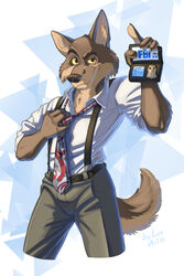  2022 absurd_res agent anthro badge belt blacksad bottomwear canid canine canis clothing coyote detective digital_media_(artwork) fan_character fbi gradient_background hi_res identification leo-artis male mammal necktie pants shirt simple_background smile solo topwear triangle_(shape) white_clothing white_shirt white_topwear 