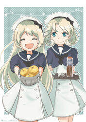  2girls ane_hoshimaru bad_id bad_pixiv_id basket black_neckwear blonde_hair blue_eyes blue_sailor_collar closed_eyes cowboy_shot cup disposable_cup dress drink food fruit gloves hat highres holding holding_basket holding_tray janus_(kancolle) jervis_(kancolle) kantai_collection long_hair multiple_girls open_mouth parted_bangs sailor_collar sailor_dress sailor_hat short_hair smile tray white_dress white_gloves white_headwear 