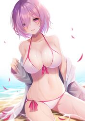  amahara_pekozaemon bare_shoulders beach bikini blush breasts cleavage commentary_request cowboy_shot fate/grand_order fate_(series) female grin hair_over_one_eye jacket large_breasts looking_at_viewer mash_kyrielight mash_kyrielight_(swimsuit_of_perpetual_summer) navel off_shoulder official_alternate_costume partially_submerged purple_eyes purple_hair short_hair sitting smile solo swimsuit wet wet_jacket 