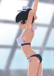  absurdres arm_behind_head arms_up ass bikini black_hair blue_eyes blunt_bangs commentary_request cowboy_shot female hat highres houkago_no_pleiades indoors itsuki_(houkago_no_pleiades) long_hair looking_at_viewer maruyama_musashi mini_hat mini_top_hat mismatched_bikini photoshop_(medium) profile rei_no_pool solo standing swimsuit tied_hair top_hat white_hat window 