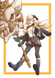  absurdres arm_up black_sclera blonde_hair boots braid brown_gloves colored_sclera duel_monster ecclesia_(yu-gi-oh!) facial_mark fake_horns female floating_hair forehead_mark full_body gloves grey_eyes hammer highres holding holding_hammer horns incredible_ecclesia_the_virtuous jacket jacket_on_shoulders long_hair maple_(maple_alt) pantyhose red_eyes shirt shorts skull sleeveless sleeveless_shirt solo suspender_shorts suspenders yu-gi-oh! 