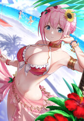  3girls armlet armpits bare_shoulders beach bikini blue_eyes blue_sky blurry blurry_background blush bracelet braid breasts cat_girl cleavage closed_mouth collarbone commentary_request crown_braid day flower french_braid hair_flower hair_ornament hair_up halterneck highres hiyori_(princess_connect!) hiyori_(summer)_(princess_connect!) jewelry large_breasts looking_at_viewer multiple_girls navel neck_ring ocean official_alternate_costume outdoors pink_hair princess_connect! red_bikini rei_(princess_connect!) rei_(summer)_(princess_connect!) sarong shore short_hair sky smile solo_focus sunflower sunflower_hair_ornament swimsuit tamakaga thighs water yui_(princess_connect!) yui_(summer)_(princess_connect!) 