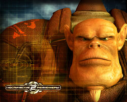  1c_company 2004 3d_(artwork) 5:4 alien angry chin_horn clothed clothing detailed detailed_skin digital_media_(artwork) elemental_games facial_horn green_eyes headshot_portrait horn humanoid katauri_interactive logo male maloq not_furry official_art portrait realistic russian_text science_fiction simple_background solo space_rangers spacesuit text unknown_artist vein wallpaper 