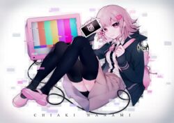  alternate_hair_ornament animal_bag artist_logo backpack bad_id bad_pixiv_id bag black_jacket black_shorts black_thighhighs breasts brown_skirt cameo cat_bag cellphone_charm cellphone_strap character_name charm_(object) collared_shirt commentary danganronpa_(series) danganronpa_2:_goodbye_despair dress_shirt english_text female flipped_hair full_body glitter hair_ornament hairclip heart heart_hair_ornament highres holding holding_phone hood hood_down hooded_jacket hoodie jacket long_sleeves looking_at_viewer mary_janes mazamuno medium_breasts medium_hair monomi_(danganronpa) nanami_chiaki neck_ribbon open_clothes phone pink_bag pink_eyes pink_footwear pink_hair pink_ribbon pleated_skirt ribbon shirt shirt_tucked_in shoes shorts shorts_under_skirt skirt sleeves_past_wrists smile solo television test_card thighhighs upskirt 