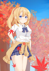  absurdres astoria_(azur_lane) astoria_(pure_&quot;gurl?&quot;)_(azur_lane) autumn_leaves azur_lane blonde_hair blue_bow blue_eyes blue_skirt blue_sky blurry blurry_background blush bow breasts brown_cardigan cardigan cardigan_around_waist closed_mouth clothes_around_waist collared_shirt commentary_request day depth_of_field dress_shirt female hair_between_eyes hair_ornament hair_scrunchie hairclip hand_on_own_hip heart heart_hair_ornament high_ponytail highres leaf long_sleeves maple_leaf medium_breasts official_alternate_costume outdoors plaid plaid_bow plaid_skirt pleated_skirt ponytail red_scrunchie roido_(taniko-t-1218) scrunchie shirt short_sleeves skirt sky smile solo tree white_shirt 