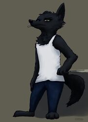  ambiguous_gender anthro barefoot betty_(weaver) biped black_body black_fur bottomwear canid canine canis cigarette clothed clothing disney famished_(artist) feet fur hi_res mammal pack_street pants shadow shirt solo standing tank_top topwear wolf zootopia 