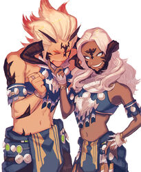  &gt;_&lt; 1boy alternate_skin_color aqua_eyes armband au_ra bare_shoulders black_horns black_scales blonde_hair blush closed_eyes cowboy_shot crop_top dark-skinned_female dark_skin dragon_boy dragon_girl dragon_horns embarrassed female final_fantasy final_fantasy_xiv grey_hair grin hand_on_own_hip hand_up horns jewelry long_hair looking_at_viewer medium_hair midriff multicolored_hair navel nose_blush red_hair ring sadu_dotharl scales simple_background smile stomach ta_m0ure two-tone_hair v-shaped_eyebrows white_background 