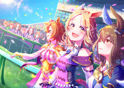  &gt;_&lt; 6+girls admire_vega_(umamusume) agnes_digital_(umamusume) air_shakur_(umamusume) animal_ears blonde_hair brown_hair character_request commentary_request confetti crown dutch_angle ear_covers ear_ornament grass_wonder_(umamusume) hand_on_own_chest haru_urara_(umamusume) highres horse_ears horse_girl horse_racing_track horse_tail jungle_pocket_(umamusume) kin&#039;iro_ryotei_(umamusume) kongariinu lens_flare looking_at_viewer low_ponytail manhattan_cafe_(umamusume) matikanefukukitaru_(umamusume) meisho_doto_(umamusume) mini_crown multiple_girls narita_top_road_(umamusume) open_mouth orange_hair purple_shirt school_uniform shirt silence_suzuka_(umamusume) single_ear_cover special_week_(umamusume) t.m._opera_o_(umamusume) tail tears tracen_school_uniform umamusume umamusume:_road_to_the_top 