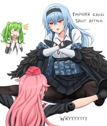  3girls blue_hair crossed_arms english_text girls&#039;_frontline gloves green_hair highres jojo_no_kimyou_na_bouken m950a_(girls&#039;_frontline) multiple_girls name_connection ntw-20_(girls&#039;_frontline) pantyhose parody phantom_blood pink_hair springveiv surprised thunder_(girls&#039;_frontline) thunder_cross_split_attack wryyyyyyyyyyyyyyyyyyyy 