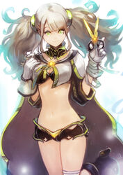  bikini bikini_top_only boots cape commentary crop_top female gloves god_eater god_eater_resonant_ops green_eyes high_heel_boots high_heels highres looking_at_viewer navel okuto philine_strigidae_volare photoshop_(medium) scissors short_shorts shorts signature simple_background smile solo standing swimsuit thigh_strap twintails white_gloves white_hair 