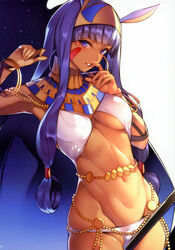  absurdres animal_ears bracelet breasts cameltoe dark-skinned_female dark_skin doujinshi earrings egyptian egyptian_clothes facial_mark fate/grand_order fate_(series) female finger_to_mouth fingernails grin groin hair_rings hairband highres hoop_earrings jewelry linea_alba long_hair looking_at_viewer medium_breasts nanao_(mahaya) navel nitocris_(fate) photoshop_(medium) purple_eyes purple_hair rabbit_ears scan sidelocks smile solo toned underboob very_long_hair 