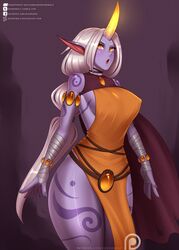  2018 big_breasts blush breasts cape clothed_female clothing colored_nails curvy_figure doomthewolf dress female glowing glowing_horn hair hi_res horn horned_humanoid hourglass_figure humanoid humanoid_pointy_ears league_of_legends long_hair nails open_mouth orange_clothing orange_dress ponytail purple_body purple_nails purple_skin riot_games small_waist solo soraka tattoo tencent text thick_thighs tongue url white_hair wide_hips 