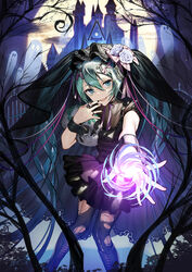  beads black_nails boots castle commentary energy_ball female flower full_moon ghost green_eyes green_hair halloween hand_to_own_mouth hatsune_miku hatsune_miku_graphy_collection highres holding holding_skull huge_moon jewelry kitada_mo knee_boots long_hair mansion moon nail_polish night open_mouth outdoors outstretched_arm pantyhose ring rose skirt skull skull_ring solo torn_clothes torn_pantyhose twintails veil very_long_hair vocaloid white_flower white_rose wrist_cuffs 