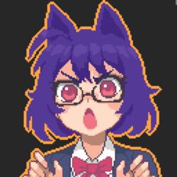  animal_ears black_background blue_hair bow bowtie chestnut_mouth collared_shirt commentary_request eyebrows female glasses halloween hcnone kemonomimi_mode looking_at_viewer open_mouth original pink_eyes pixel_art red_bow red_bowtie shirt short_hair simple_background skye_(hcnone) solo upper_body white_shirt wolf_ears 