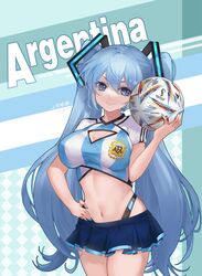  2022_fifa_world_cup al_rihla argentina argentinian_flag argentinian_flag_print asociacion_de_futbol_argentina ball blue_eyes blue_hair blue_nails blue_shirt blue_skirt breasts cleavage_cutout clothing_cutout commentary english_text female flag_print hand_on_own_hip hatsune_miku highleg highleg_panties highres holding holding_ball jokanhiyou large_breasts long_hair miniskirt navel panties shirt short_sleeves skirt soccer_ball solo striped_clothes striped_shirt symbol-only_commentary twintails two-tone_shirt underwear vertical-striped_clothes vertical-striped_shirt very_long_hair vocaloid white_shirt world_cup 