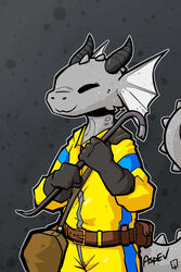  2:3 anthro aspev bag black_clothing black_gloves black_handwear closed_eyes clothing crowbar duffel_bag engineer_(profession) fin gloves handwear head_fin hi_res holding_crowbar jumpsuit lizard lizardman pattern_background reptile scalie simple_background solo space_station_13 tool_belt tools unathi yellow_clothing 