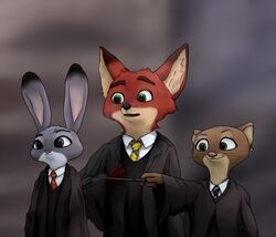  anthro brown_body brown_fur canid canine clothing crossover dipstick_ears disney ear_markings ear_piercing ear_ring famished_(artist) female fox fur green_eyes grey_body grey_fur group harry_potter_(series) hi_res holding_object judy_hopps kris_(zootopia) lagomorph leporid long_ears male mammal multicolored_body multicolored_ears multicolored_fur mustelid necktie nick_wilde open_mouth orange_body orange_fur otter parody piercing purple_eyes rabbit ring_piercing robe size_difference smile two_tone_body two_tone_fur wand whiskers zootopia 