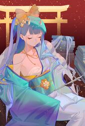  absurdres aqua_kimono azur_lane black_gloves book book_stack bow breasts champagne_(azur_lane) champagne_(lapis_lazuli&#039;s_first_dream)_(azur_lane) chest_sarashi cleavage closed_mouth commentary_request female gloves gold_necklace hairbow highres holding holding_stylus horns japanese_clothes jewelry kimono long_hair necklace obi obiage obijime off_shoulder one_side_up sarashi sash shino_pupille sleeping sleeves_past_fingers sleeves_past_wrists small_breasts solo stylus torii very_long_hair very_long_sleeves wide_sleeves 