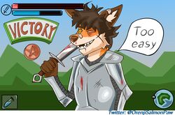  anthro armor band-aid bandage blood bodily_fluids breastplate canid canine conditional_dnp copper_(metal) english_text fox gameplay_mechanics gui hair iron_(element) male mammal melee_weapon mountain nosebleed orenji_salmonpaw orenjisalmonpaw red_fox scale_armor signature smile solo steel_(metal) sword text true_fox weapon wounded 