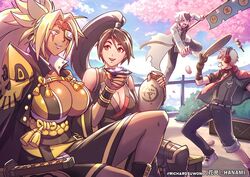  2boys 2girls alcohol alternate_color alternate_hair_color alternate_skin_color baiken big_hair black_hair black_kimono blonde_hair breasts cherry_blossoms commentary crossover cup dango dark-skinned_female dark_skin dead_or_alive dead_or_alive_5 elbow_gloves english_commentary eyepatch facial_tattoo fatal_fury fingerless_gloves food forehead_tattoo gloves gourd grey_hair guilty_gear guilty_gear_xrd hanami headphones high_ponytail huge_breasts japanese_clothes katana kimono large_breasts momiji_(ninja_gaiden) multicolored_hair multiple_boys multiple_crossover multiple_girls ninja_gaiden one-eyed open_clothes open_kimono petals richard_suwono sakazuki sake seth_(under_night_in-birth) sheath sheathed shun&#039;ei sitting smile sword tattoo the_king_of_fighters the_king_of_fighters_xiv two-tone_hair under_night_in-birth wagashi weapon white_hair wireless 