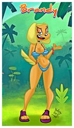  2017 anthro bikini blue_eyes brandy_and_mr._whiskers brandy_harrington breasts canid canine canis clothed clothing collar curvy_figure digital_media_(artwork) disney domestic_dog female fingers footwear forest hi_res hourglass_figure jungle looking_at_viewer mammal nafyo-toons open_mouth outside plant platform_footwear platform_sandals sandals skimpy smile solo swimwear tongue tree 