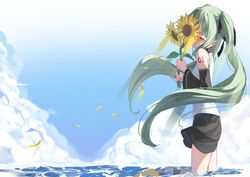  absurdres aqua_hair bare_shoulders black_skirt black_sleeves blue_sky blush closed_eyes cloud commentary crying day detached_sleeves falling_leaves female flower from_side hair_ornament hatsune_miku highres holding holding_flower kimyo leaf long_hair ocean outdoors parted_lips petals reflection shirt shoulder_tattoo skirt sky sleeveless sleeveless_shirt smile solo sunflower tattoo tears twintails very_long_hair vocaloid wading water white_shirt 