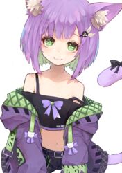  :3 animal_ear_fluff animal_ears bare_shoulders black_shorts black_tank_top blush cat_ears cat_girl cat_tail closed_mouth colored_inner_hair commission crop_top cropped_shirt female flat_chest green_eyes green_hair highres indie_virtual_youtuber jacket jacket_partially_removed looking_at_viewer medium_hair midriff multicolored_hair navel nyucha off-shoulder_shirt off_shoulder purple_hair purple_jacket ribbon shirt shorts shwaa simple_background skeb_commission smile solo strap_slip symbol-shaped_pupils tail tail_ornament tail_ribbon tank_top two-tone_hair undershirt virtual_youtuber 