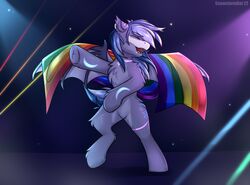  absurd_res bat_pony biped bodypaint dancing equid equine feral flag glowing glowing_paint hasbro hi_res horse lgbt_pride male mammal midnight_snowstorm my_little_pony nightclub party pony pride_color_flag pride_colors rainbow_pride_colors rave six-stripe_rainbow_pride_colors smile snowstormbat solo wearing_flag 