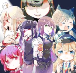  6+girls ahoge alternate_costume android animal_ears back-to-back bartender cat_ears cigarette closed_eyes crying cup dana_zane dorothy_haze drinking_glass girls&#039;_frontline hat highres idw_(girls&#039;_frontline) jill_stingray mercurows_(girls&#039;_frontline) multiple_girls muratake_oumu nyto_(girls&#039;_frontline) paradeus police_hat smoking springfield_(girls&#039;_frontline) super-shorty_(girls&#039;_frontline) va-11_hall-a wine_glass 