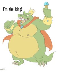  2021 3_toes 4_fingers absurd_res anthro areola belly biceps big_belly big_pecs biped black_eyes bracelet canson cape cape_only claws clothing crocodilian crown dialogue digital_media_(artwork) donkey_kong_(series) english_text fangs featureless_crotch feet finger_claws fingers flat_colors gem gesture green_body green_scales green_tail grey_claws hand_gesture headgear hi_res holding_object holding_staff jewelry k_rool king kremling male mostly_nude musclegut muscular muscular_anthro muscular_male navel nintendo nipple_piercing nipples non-mammal_nipples obese obese_anthro obese_male open_mouth outie_navel overweight overweight_anthro overweight_male pecs piercing pink_tongue pointing pointing_at_self reptile royalty scales scalie scepter sharp_teeth signature simple_background snout solo staff standing tail teeth text three-quarter_view toe_claws toes tongue uvula white_background yellow_areola yellow_nipples 