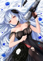  absurdres bare_shoulders black_dress black_pantyhose blue_flower blue_hair blue_rose blush breasts cleavage collarbone commentary dress female flower girls&#039;_frontline gun handgun highres holding holding_gun holding_weapon knife long_hair looking_at_viewer lying medium_breasts nail_polish nakaryo0404 official_alternate_costume on_back open_mouth pantyhose petals red_eyes red_nails rose scar scar_on_arm simple_background solo thunder_(black_swan&#039;s_dream)_(girls&#039;_frontline) thunder_(girls&#039;_frontline) torn_clothes torn_pantyhose triple_action_thunder upper_body weapon 