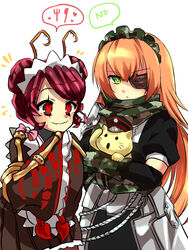  1boy animal antennae apron arthropod_girl brown_kimono camouflage camouflage_gloves camouflage_scarf closed_mouth commentary_request cz2128_delta entoma_vasilissa_zeta extra_pupils eyepatch fangs feline flying_sweatdrops gloves green_eyes hat heart highres japanese_clothes kimono long_hair maid maid_headdress monster_girl multiple_girls no orange_hair overlord_(maruyama) pandora&#039;s_actor poppu short_hair simple_background skin_fangs speech_bubble spoken_heart spoken_object white_apron wide_sleeves 