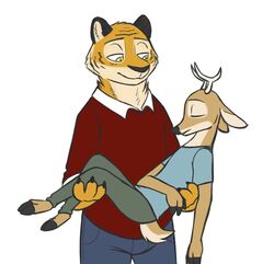  anthro bottomwear cameron_(zootopia_fan_character) carrying_another closed_eyes clothing deer disney duo felid fur hooves jamie_(zootopia_fan_character) male male/male mammal orange_body orange_fur pantherine pants scut_tail shirt short_tail simple_background skunkbutt_(artist) tail tan_body tan_fur tiger topwear white_background zootopia 