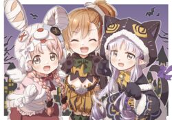  3girls :d ^_^ alternate_costume animal_ears animal_hands animal_hat animal_hood bandaged_arm bandaged_chest bandaged_hand bandaged_head bandages bell black_capelet black_dress black_gloves blush bow bowtie braid button_eyes buttons capelet cat_ears cat_hood claw_pose closed_eyes commentary_request dress earmuffs elbow_gloves elf fur-trimmed_capelet fur-trimmed_hood fur-trimmed_sleeves fur_trim gloves green_bow hair_ornament halloween hat hood hooded_capelet jingle_bell kyoka_(halloween)_(princess_connect!) kyoka_(princess_connect!) lightning_bolt_hair_ornament lightning_bolt_symbol long_hair looking_at_viewer low_twintails midriff mimi_(halloween)_(princess_connect!) mimi_(princess_connect!) misogi_(halloween)_(princess_connect!) misogi_(princess_connect!) multiple_girls navel night nut_(hardware) nut_hair_ornament open_mouth orange_hair orange_shorts pink_capelet pink_hair pointy_ears princess_connect! purple_hair rabbit_hair_ornament rabbit_hat red_bow ribbon short_hair shorts side_ponytail smile tail tail_bow tail_ornament twin_braids twintails white_wings wide_sleeves wings yellow_bow yukie_(kusaka_shi) 