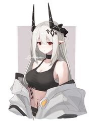  arknights bare_shoulders black_choker breasts choker cleavage collarbone commentary crop_top earrings english_commentary female grey_hair hair_between_eyes hair_ornament highres horns infection_monitor_(arknights) jewelry large_breasts long_hair looking_at_viewer material_growth mudrock_(arknights) mudrock_(elite_ii)_(arknights) navel no_bra off_shoulder oripathy_lesion_(arknights) pointy_ears red_eyes sarashi sidelocks signature simple_background solo stomach straight_hair velephyr white_background 