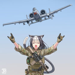  :3 a-10_thunderbolt_ii aerial_bomb agm-65_maverick aircraft airplane animal_ears animal_print artist_logo assault_rifle camouflage cat_ears cat_girl cat_print cat_tail closed_eyes commentary dated desert_camouflage double_fox_shadow_puppet english_commentary explosive female foregrip fox_shadow_puppet gatling_gun gau-8 glock gloves grenade gun gun_sling h&amp;k_hk416 handgun highres holstered jet jpc load_bearing_vest logo military military_operator military_vehicle missile multicolored_hair nose_art oerba_yun_fang original reflex_sight rifle smile soldier solo tail two-tone_hair vehicle_focus weapon woodland_camouflage 